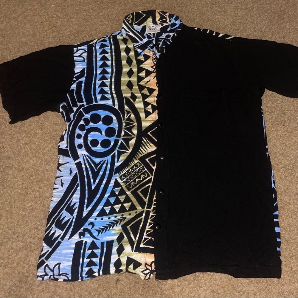 Tribal Print Half Black Button-Up Shirt
